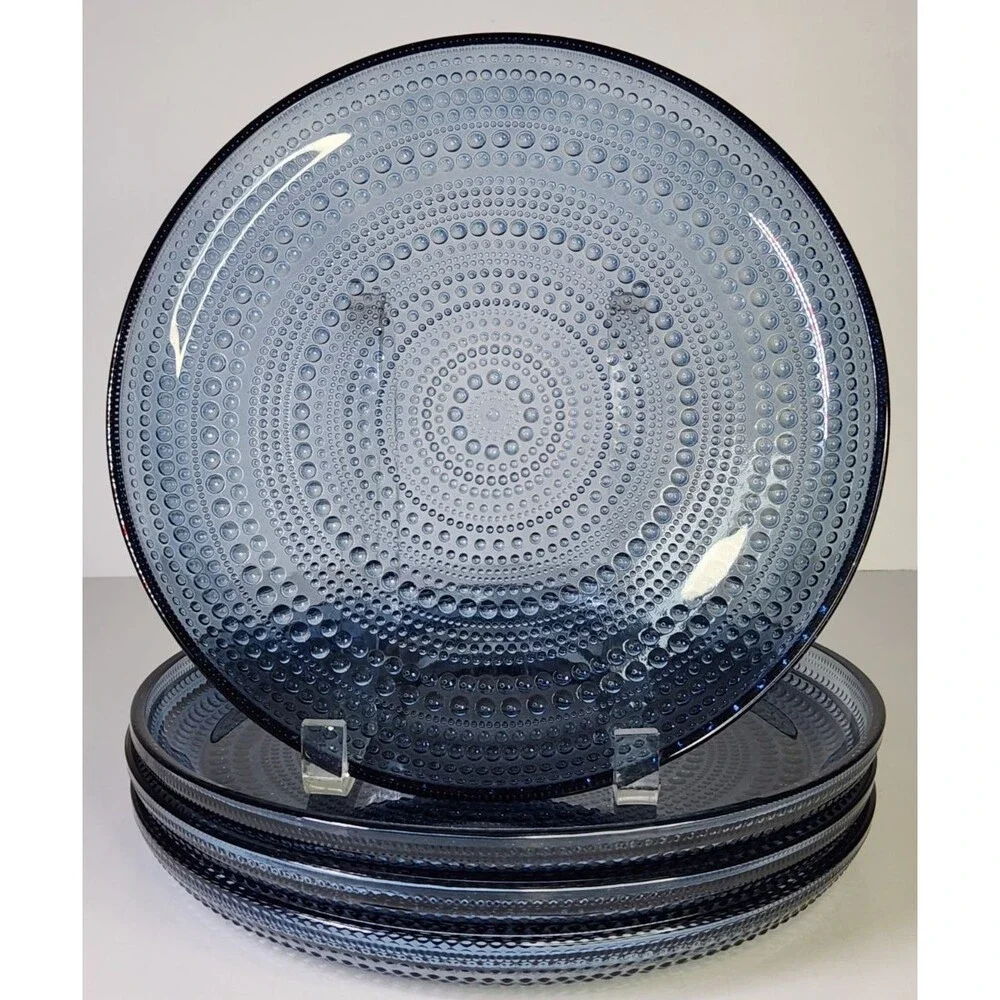 Set of 4 Iittala Kastehelmi Blue Rain Plates Oiva Toikka 9 5/8